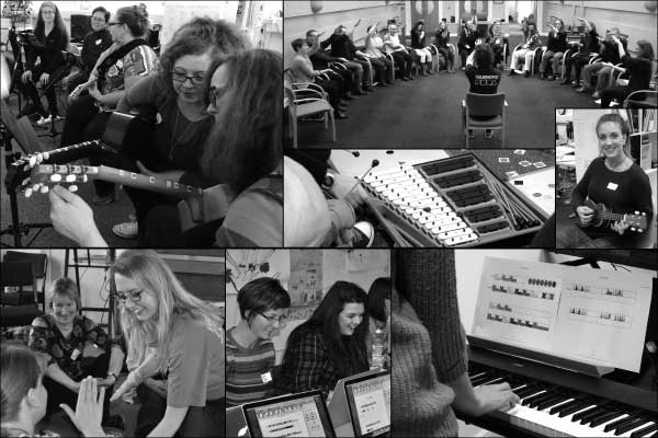 A collage of black and white pictures of training sessions. A woman helps another with her guitar. Close up of chime bars and pianos being played. Smiling women using the Figurentoes Software.