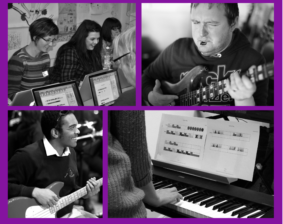 4 black and white images. Smiling women work on computers. A teenage boy smiles playing bass guitar. A young man plays on an electric guitar - he has an intense expression and a plectrum held in his mouth. Close up of hands on a piano playing from a Figurenotes score.