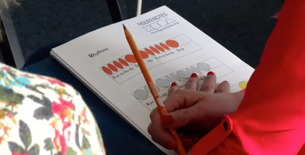 Paper resource with Figurenotes rhythms with a hand placed on top
