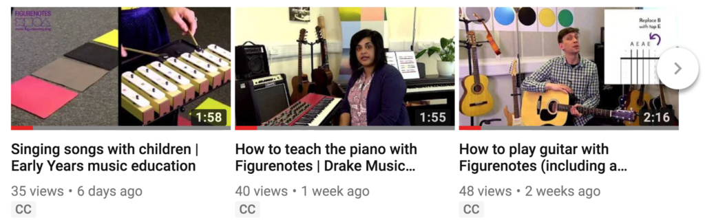 YouTube thumbnails for 3 videos - chime bars, a woman at a piano, and a man holding a guitar.