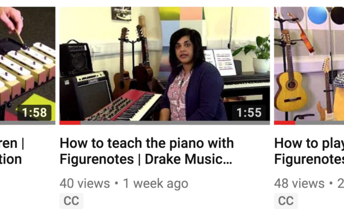YouTube thumbnails for 3 videos - chime bars, a woman at a piano, and a man holding a guitar.
