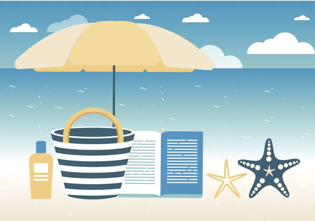 A beach drawing with umbrella, striped beach bag, suncream, a book, and star fish.