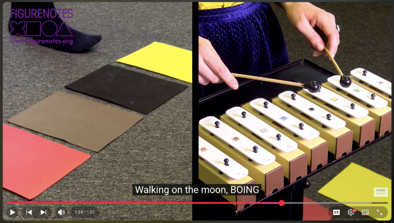A splitscreen on a video shows foam sheets on the floor, about to be jumped on, plus a close up of chime bars with Figurenotes stickers on.