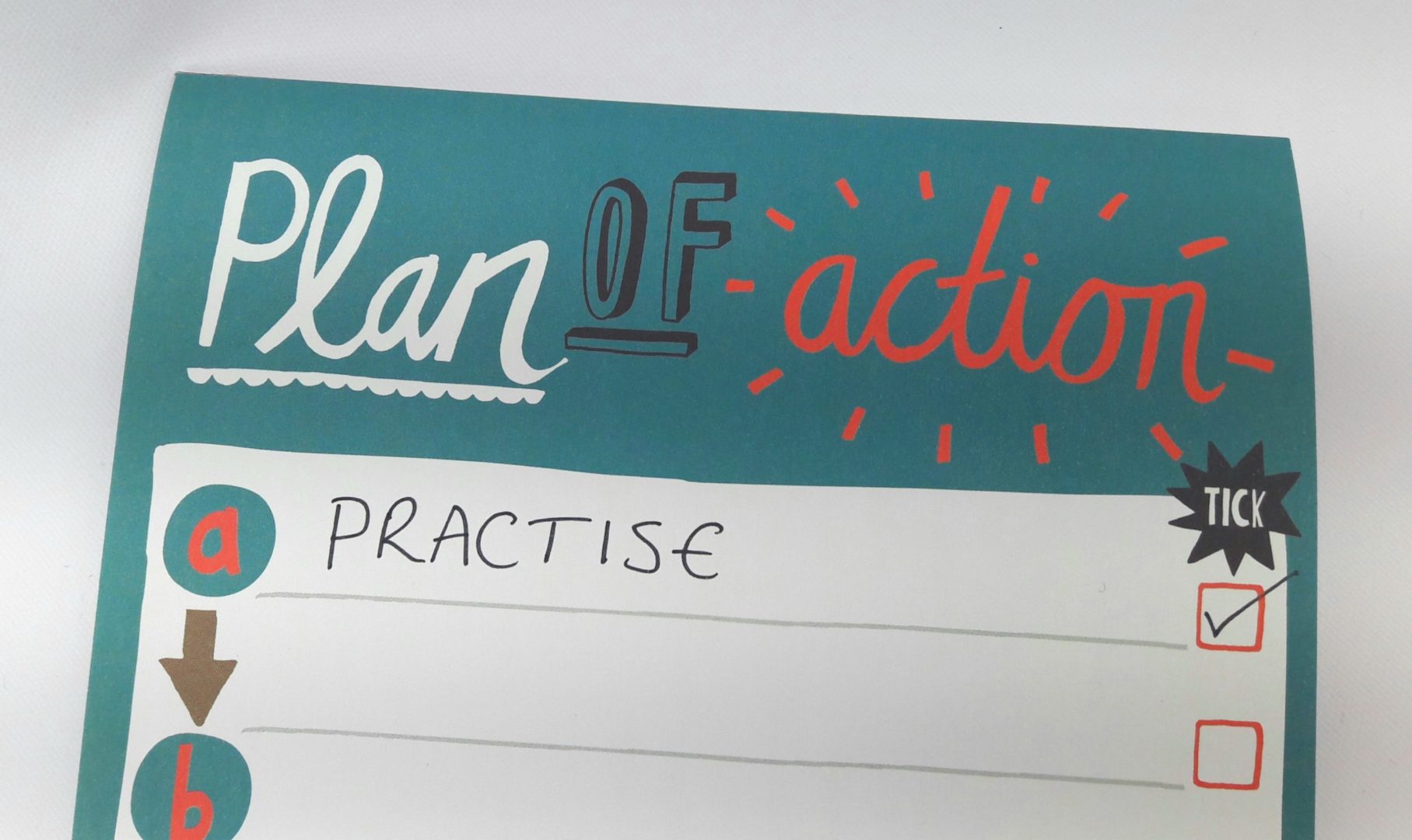 Image of a notepad with the words 'Plan of Action' and 'Practise' written on it