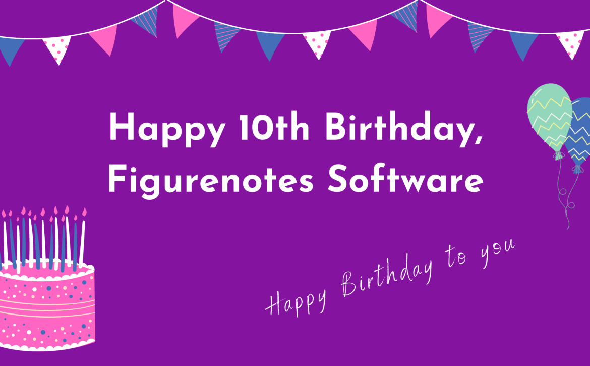 Purple background with bunting, birthday cake, and balloon cartoons. Text reads 'happy 10th birthday, figurenotes software'