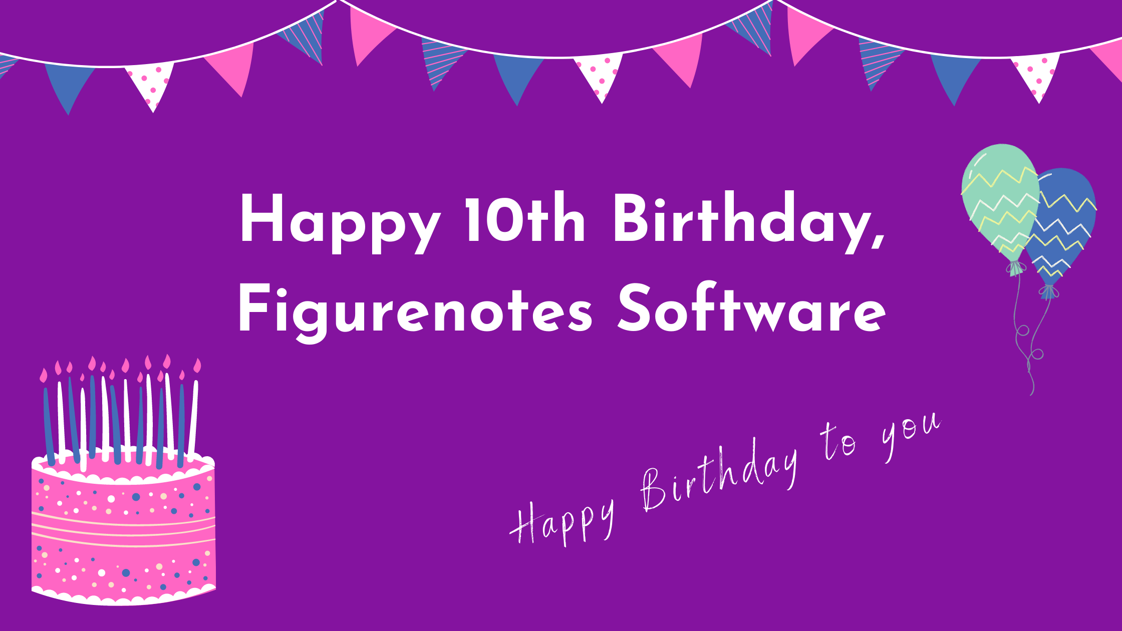 Purple background with bunting, birthday cake, and balloon cartoons. Text reads 'happy 10th birthday, figurenotes software'