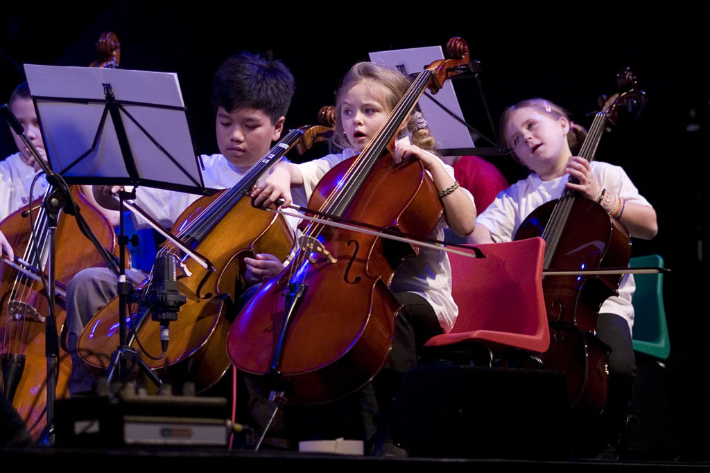 The cello section of a string orchestra playing some music