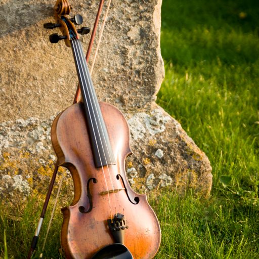 Violin and bow leaning against an external stone wall, surrounded by grass