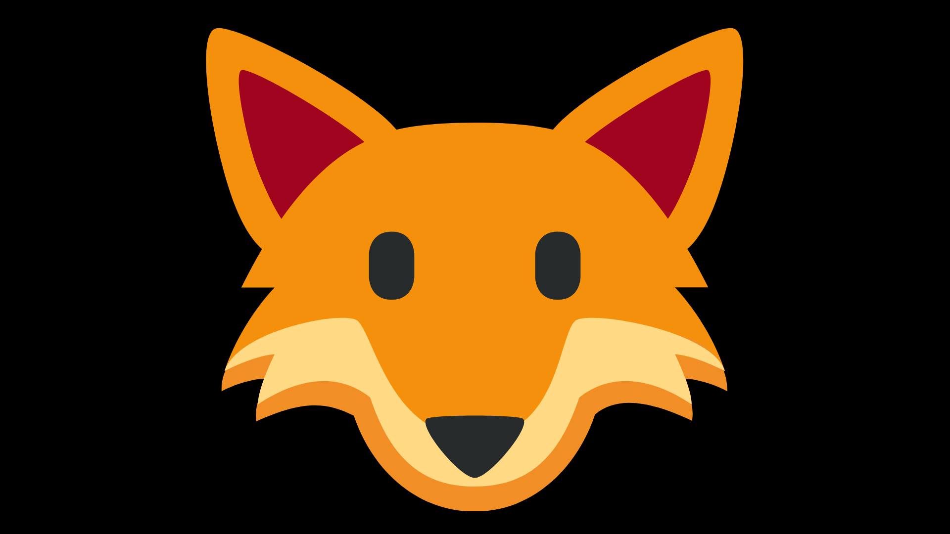 fox flashcard. Black background with orange fox face.