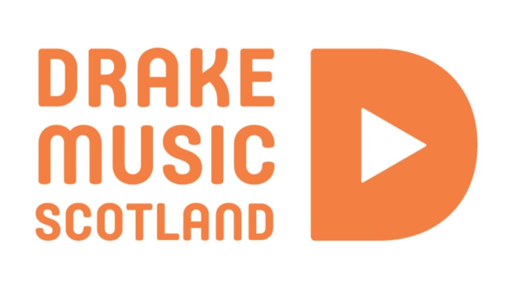 Drake Music Scotland logo. Orange text reads "Drake Music Scotland" to the left of an orange capital D with a triangle play button in white as the hole of the D
