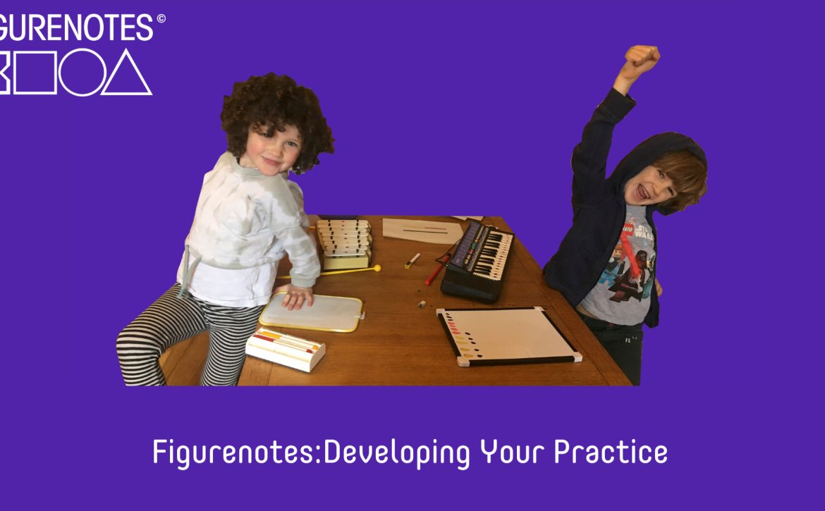 2 children using figurenoted instruments looking happy and the title Figurenotes Developing your practice