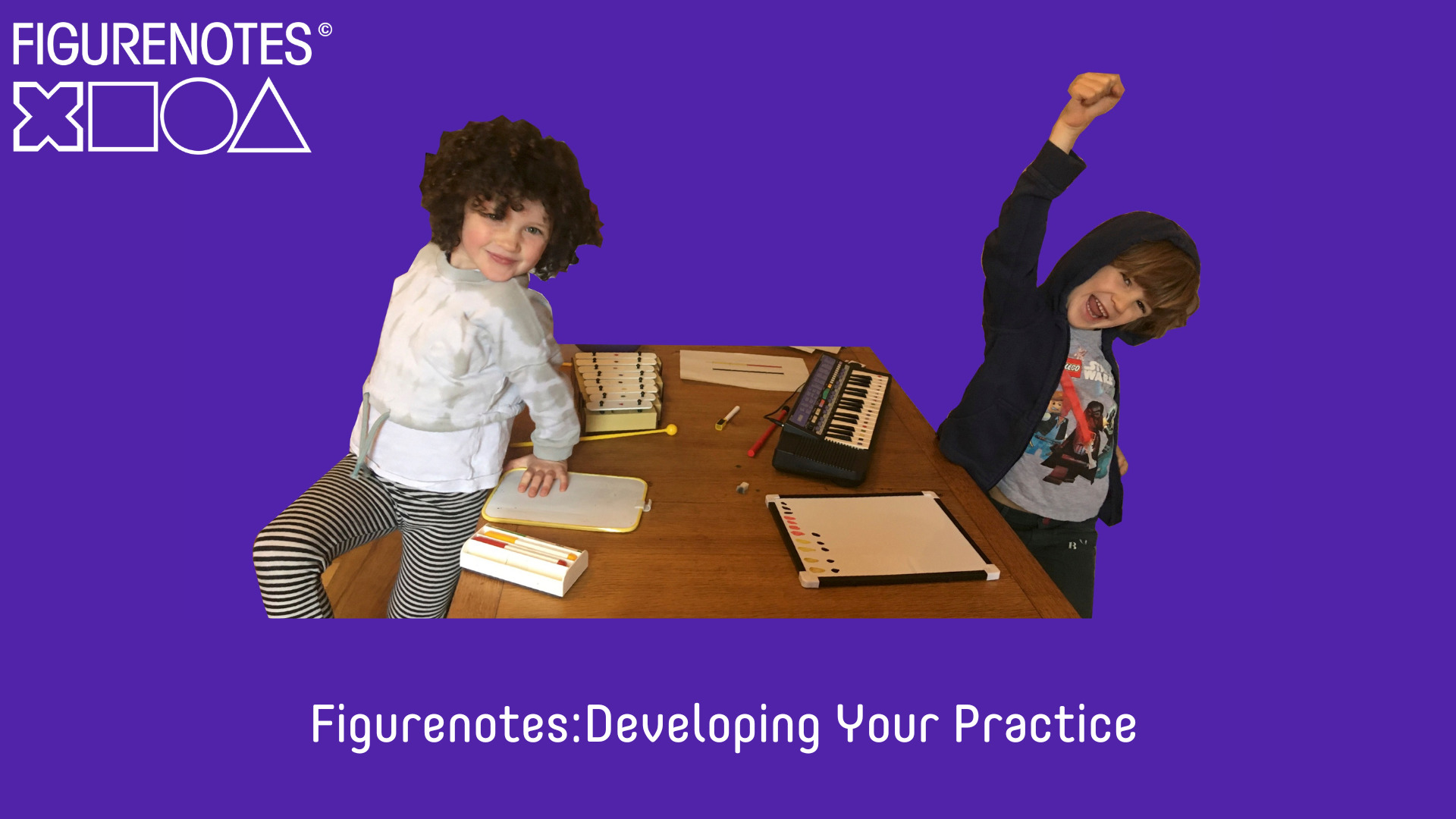2 children using figurenoted instruments looking happy and the title Figurenotes Developing your practice