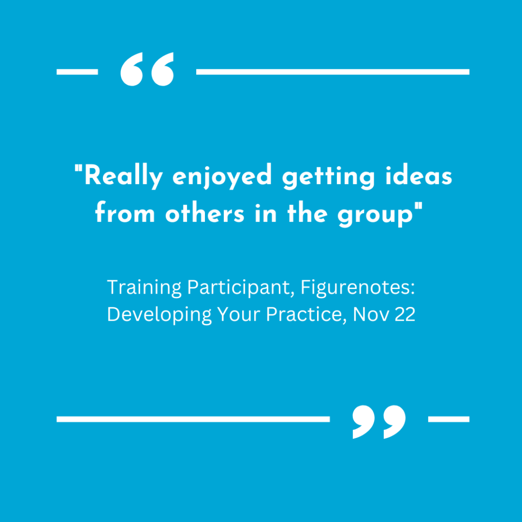 Blue background with quote marks above and below text. Text says "Really enjoyed getting ideas from the others in the group." Training Participant, Figurenotes: Developing Your Practice, Nov 22