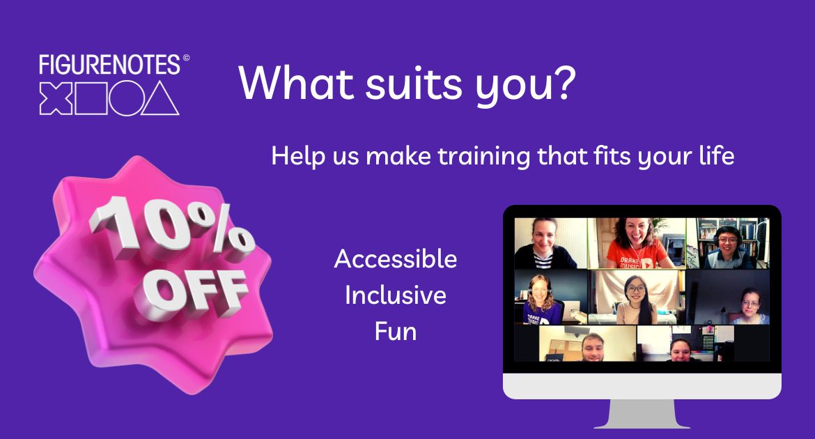 Purple background. White 3D text reads '10% off' on a pink badge. White text read 'What suits you? Help us make training that fits your life. Accessible. Inclusive. Fun.' An image of a zoom call with smiling people sits in the bottom right corner