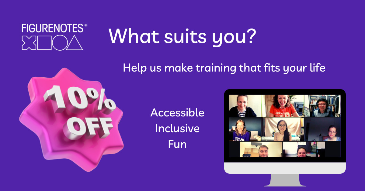 Purple background. White 3D text reads '10% off' on a pink badge. White text read 'What suits you? Help us make training that fits your life. Accessible. Inclusive. Fun.' An image of a zoom call with smiling people sits in the bottom right corner