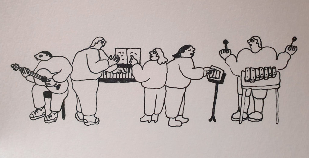 Monochrome drawing of people playing instruments. One person sitting down playing guitar, 2 people playing keyboard, 1 on ipad, and 1 on chimes holding 2 beaters in the air.