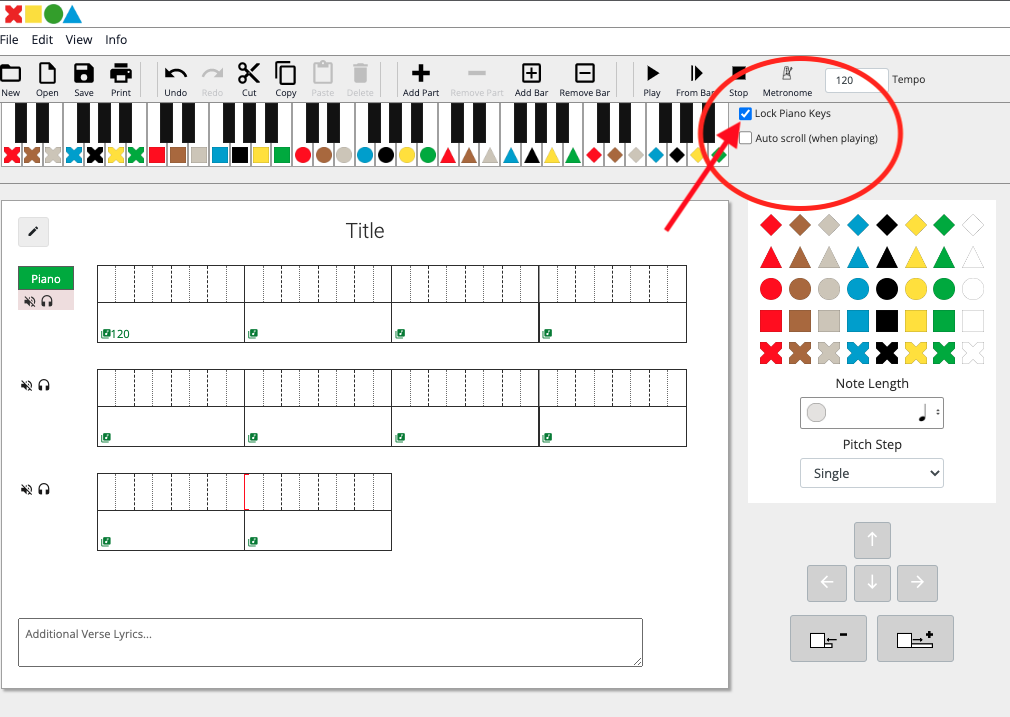 Screenshot of notation programme with red circle and arrow showing where the Lock Piano Keys checkbox is. It is to the right of the onscreen keyboard underneath the toolbar. 
