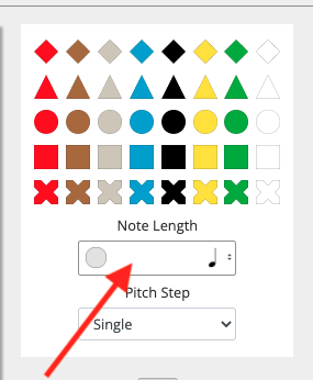 An image of the note palette from the Figurenotes notation programme. Figurenotes shapes are presented in a grid. Below them there is a drop down menu with 'Note Length' written above it. A red arrow points to this menu. 