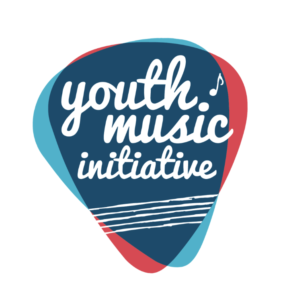 YMI logo. A plectrum shaped background of dark blue overlaps slightly off centre with the same in light blue and red. White text reads 'Youth Music Initiative'. There are 5 lines representing a stave below the words. A quaver note sits in the top right of the plectrum shape.