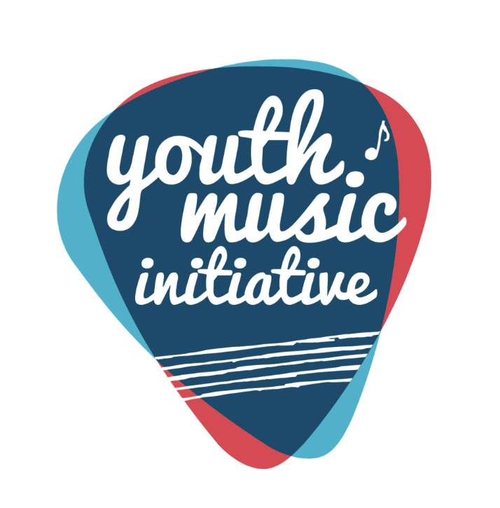 YMI logo. A plectrum shaped background of dark blue overlaps slightly off centre with the same in light blue and red. White text reads 'Youth Music Initiative'. There are 5 lines representing a stave below the words. A quaver note sits in the top right of the plectrum shape.