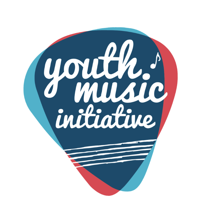 YMI logo. A plectrum shaped background of dark blue overlaps slightly off centre with the same in light blue and red. White text reads 'Youth Music Initiative'. There are 5 lines representing a stave below the words. A quaver note sits in the top right of the plectrum shape.