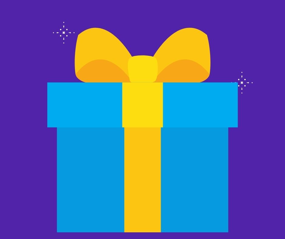 A blue present with a yellow bow sits on a purple background.