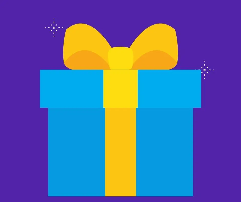 A blue present with a yellow bow sits on a purple background.