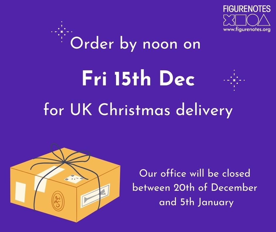 Purple background with a cartoon parcel. Text reads 'Order by noon on Fri 15th December for UK Christmas delivery. Our office will be closed between 20th of December and 5th January
