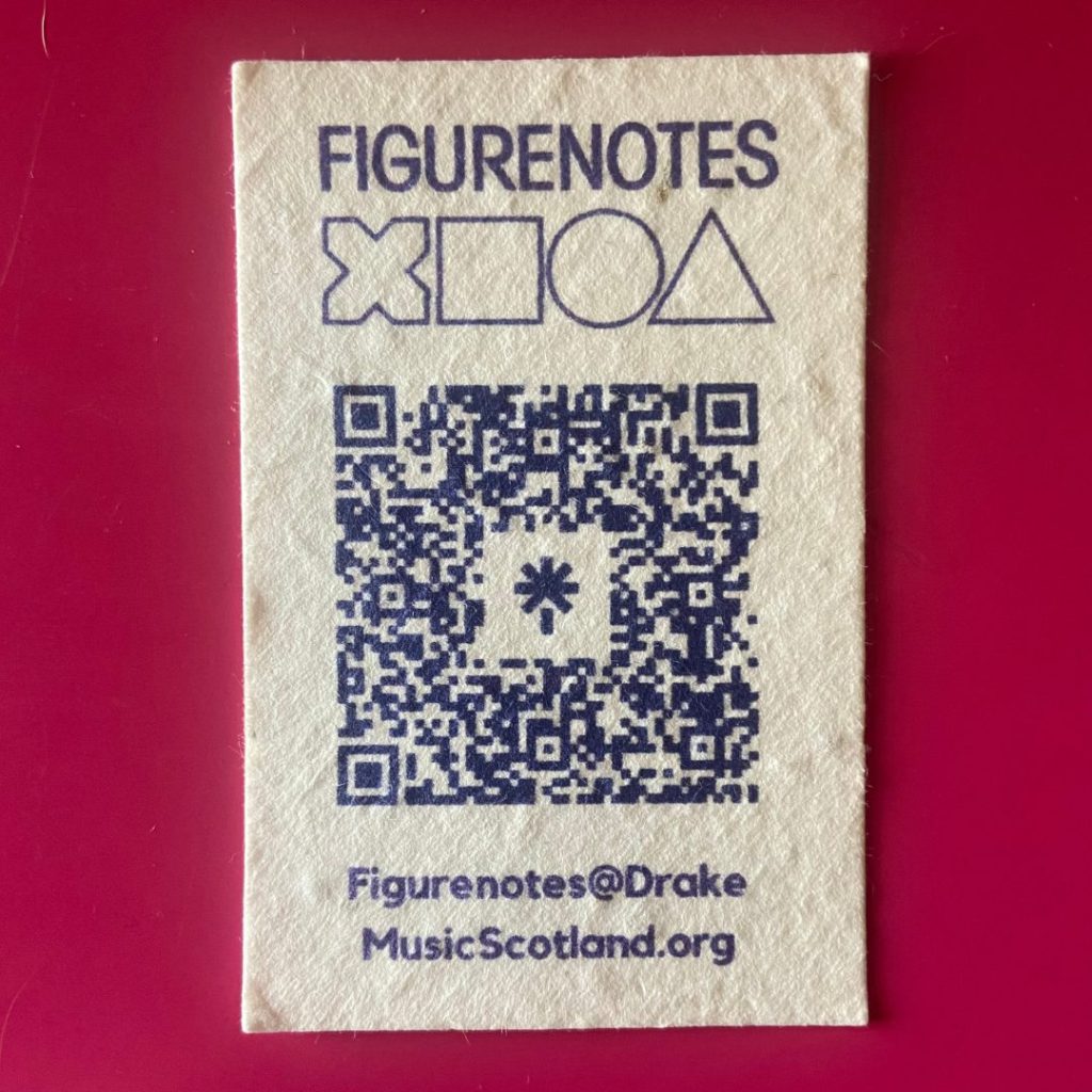Business card sized paper that is slightly lumpy on a pink background. The design is a QR Code in purple with the Figurenotes logo and email address. 