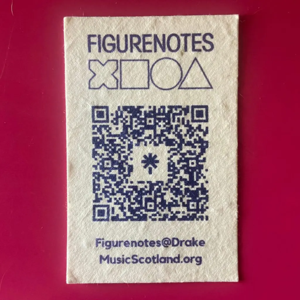 Business card sized paper that is slightly lumpy on a pink background. The design is a QR Code in purple with the Figurenotes logo and email address.