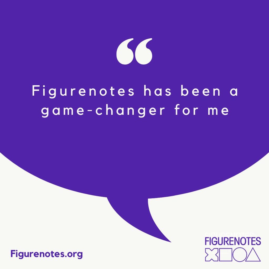 Quote written on purple speech bubble reads "Figurenotes has been a game changer for me"