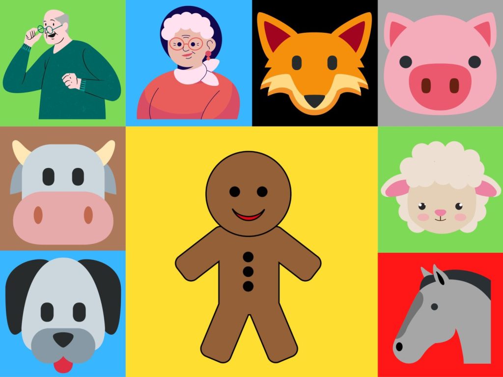 A range of colourful cartoon characters from the story of the gingerbread man- man, woman, fox, pig, cow, dog, sheep, horse, and the gingerbread man in the centre. The picture is divided up so each character has its own square.