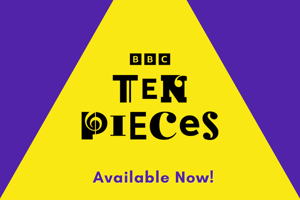 Purple Background. Within a big yellow triangle is the BBC Ten Pieces text logo and the words 'Available Now!'