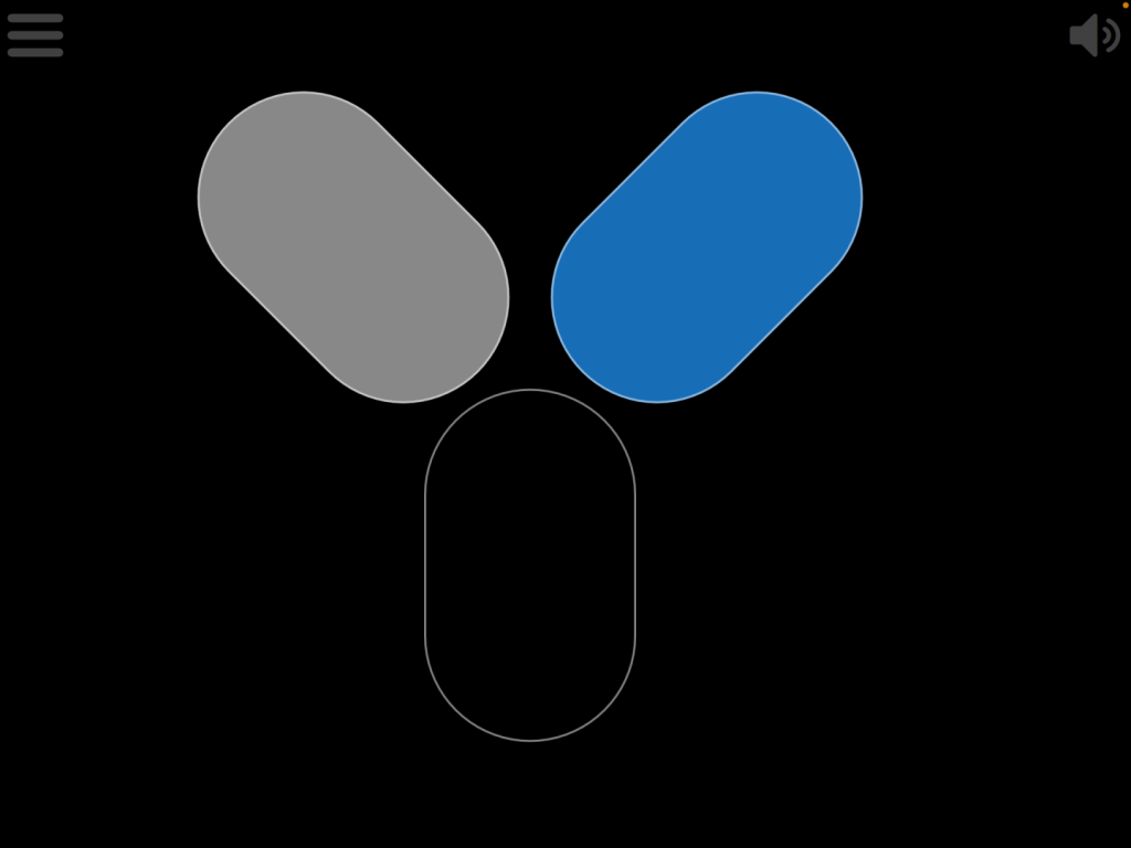 3 rounded rectangle shapes sit in a Y formation on a black background. They are coloured grey, blue, and black.