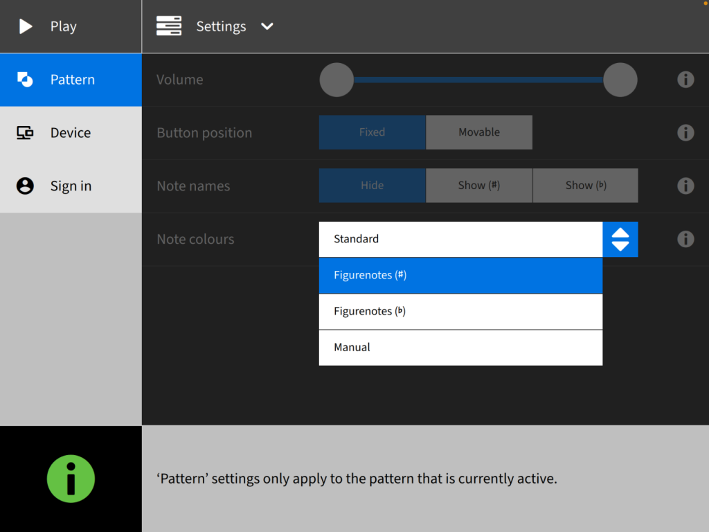 A screenshot of an iPad screen showing Clarion settings. Figurenotes (sharp) is highlighted within a menu that includes Standard' Figurenotes (flat), and Manual. 