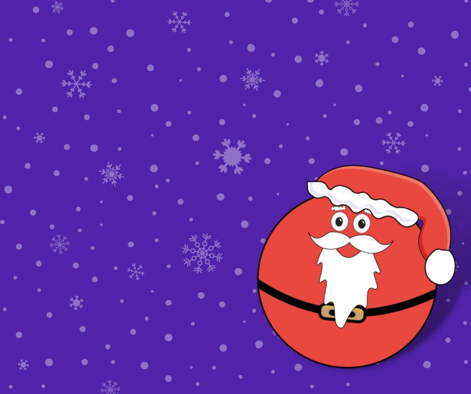 A purple background with small white snowflakes. A smiley red Figurenotes circle is dressed as Santa with a hat, white beard, and black belt.