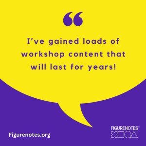 Quote in yellow speech bubble on purple background. "I've gained loads of workshop content that will last for years!"