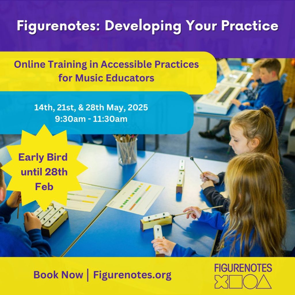 Image of a class of children playing chime bars and and keyboards using Figurenotes. Colourful banners read: Figurenotes: Developing Your Practice. Online Training in Accessible Practices for Music Educators. 14th, 21st, & 28th May 2025. 9:30-11:30 am. Early Bird until 28th Feb. Book now. Figurenotes.org