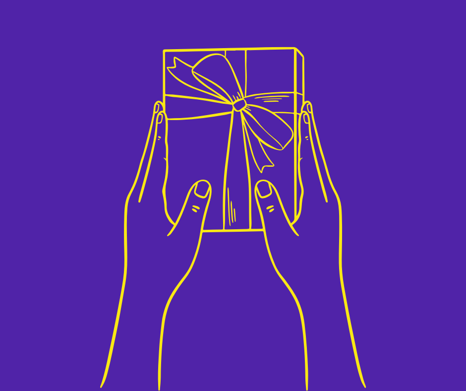 An outline drawing of 2 hands holding a gift with a ribbon on it. The outline is yellow on a purple background.