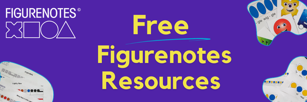 A purple background. Images appear in blob shapes in 3 corners. They contain piles of Figurenotes resources. Glimpses of yellow and blue circles can be seen in various rhythms. Friendly monster characters in circle, square, triangle, and cross shapes can be seen. Text reads: Free Figurenotes Resources