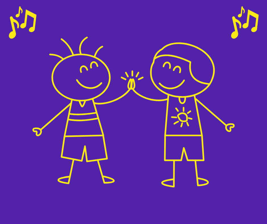 2 cartoon stick figures high fiving. Yellow music notes sit above them.