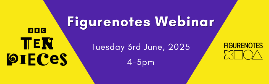 BBC Ten Pieces logo on yellow triangle. Figurenotes logo on yellow triangle. Between the two is a purple background with text that reads: Figurenotes Webinar. Tuesday 3rd June 2025, 4-5pm