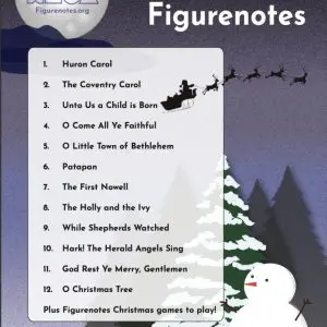 The contents page of the Festive Figurenotes pack. A snowy scene. Contents: 1. Huron Carol, 2. The Coventry Carol, 3. Unto Us a Child is Born, 4. O Come All Ye Faithful, 5. O Little Town of Bethlehem, 6. Patapan, 7. The First Nowell, 8. The Holly and the Ivy, 9. While Shepherds Watch, 10. Hark the Herald Angels Sing, 11. God Rest Ye Merry Gentlemen, 12. O Christmas Tree. Plus Figurenotes Christmas Games to Play!