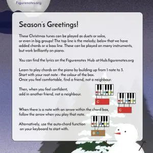 These Christmas tunes can be played as duets or solos, or even in big groups. The top line is the melody; below that we have added chords or a bass line. These can be played on many instruments, but work brilliantly on piano.