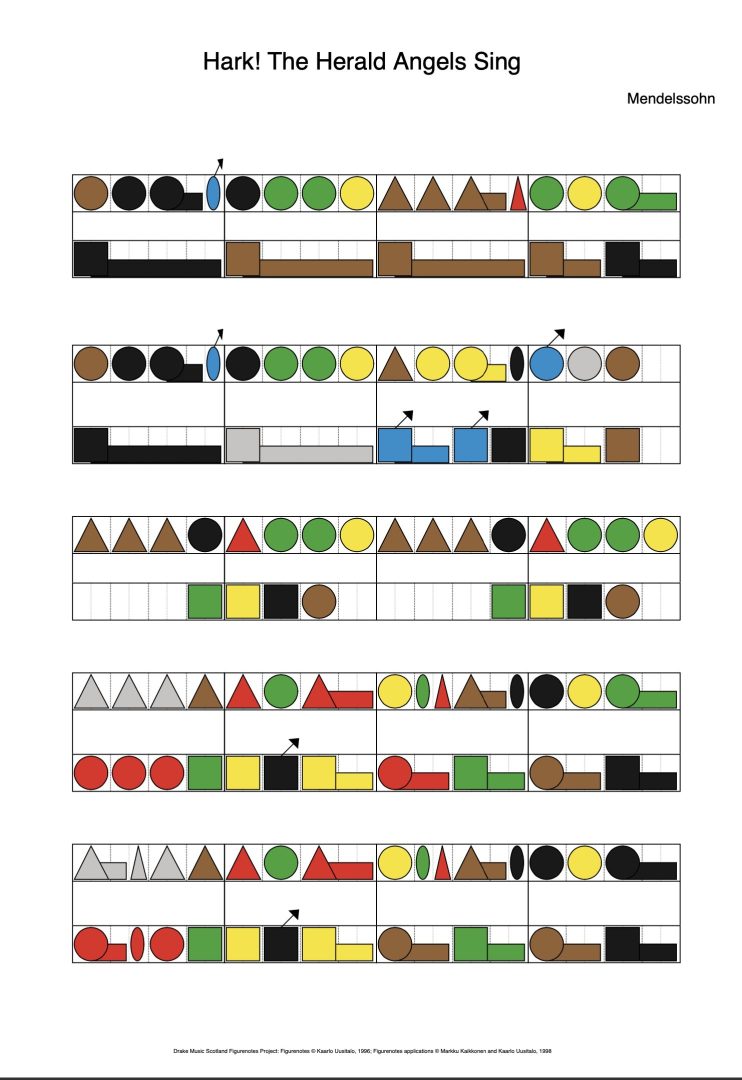 Hark the Herald Angels Sing score written in Figurenotes notation.