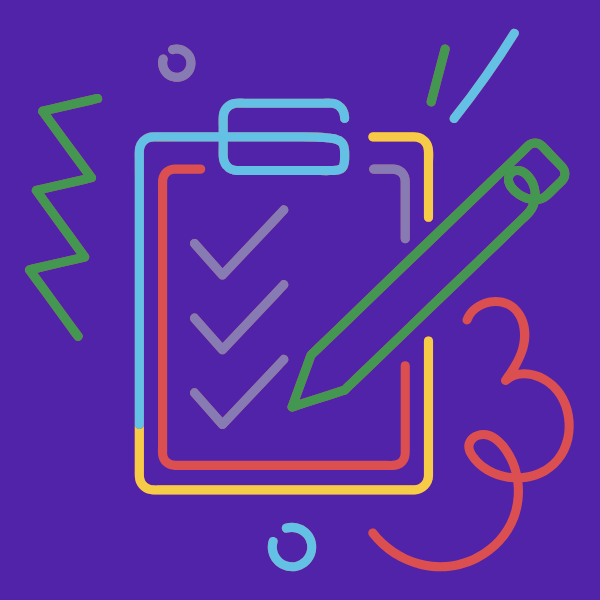 A colourful graphic line drawing of a clipboard, list, and pencil. Ticks are drawn on the paper.