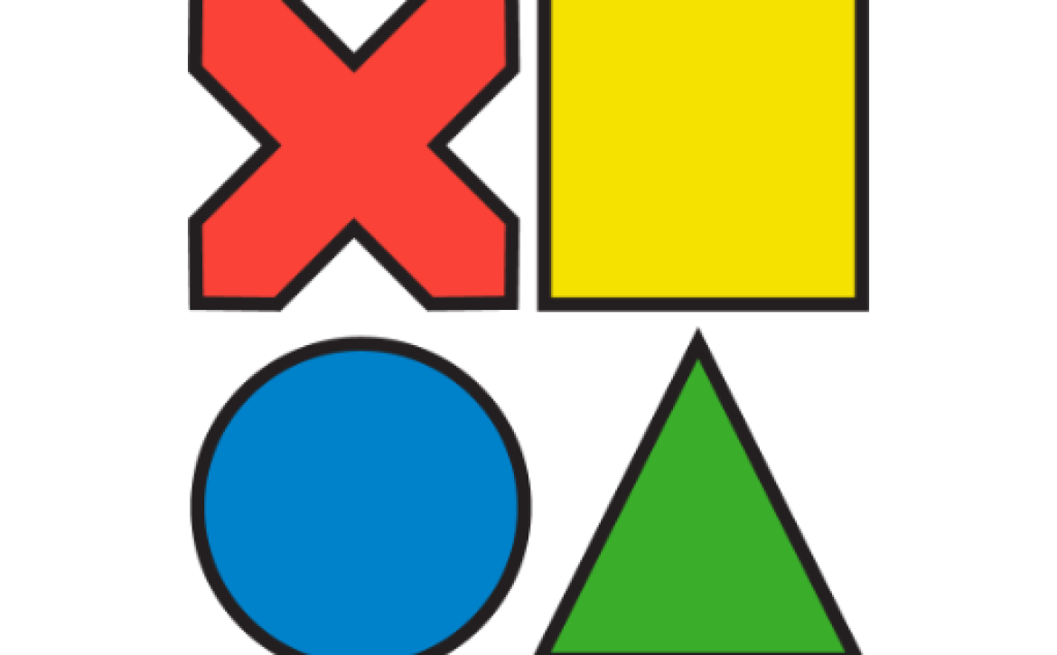 Red cross, yellow square, blue circle, green triangle