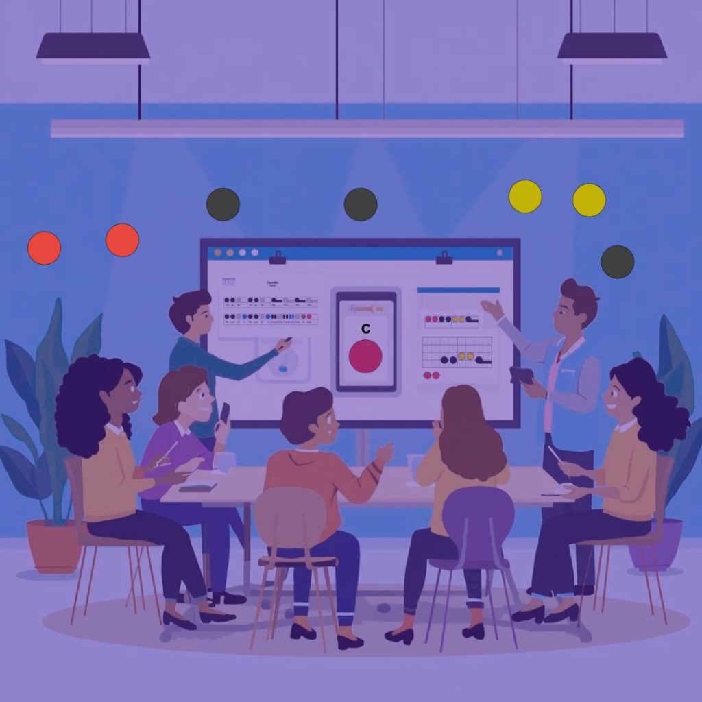 Animated characters sit round a table looking at two people pointing to colourful notation. Small colourful shapes float up from the people as they learn the notes.