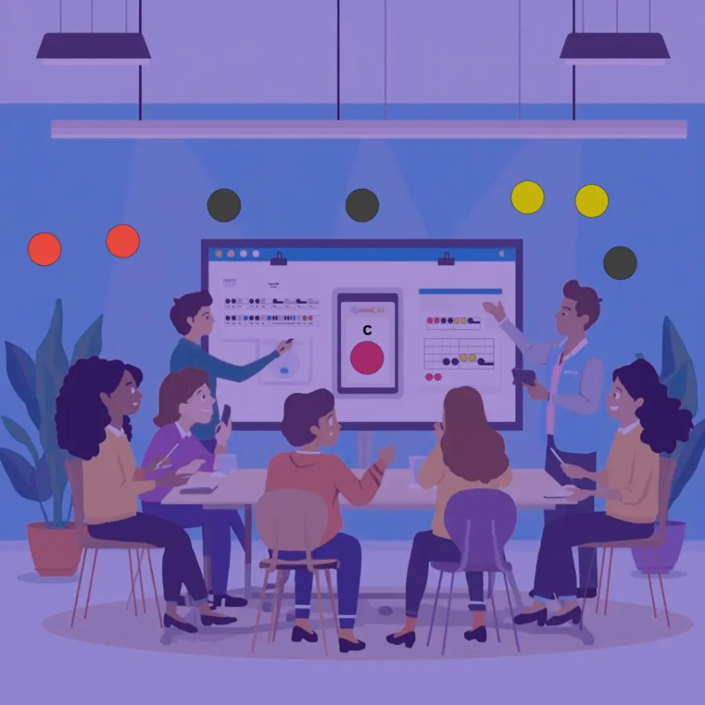 Animated characters sit round a table looking at two people pointing to colourful notation. Small colourful shapes float up from the people as they learn the notes.