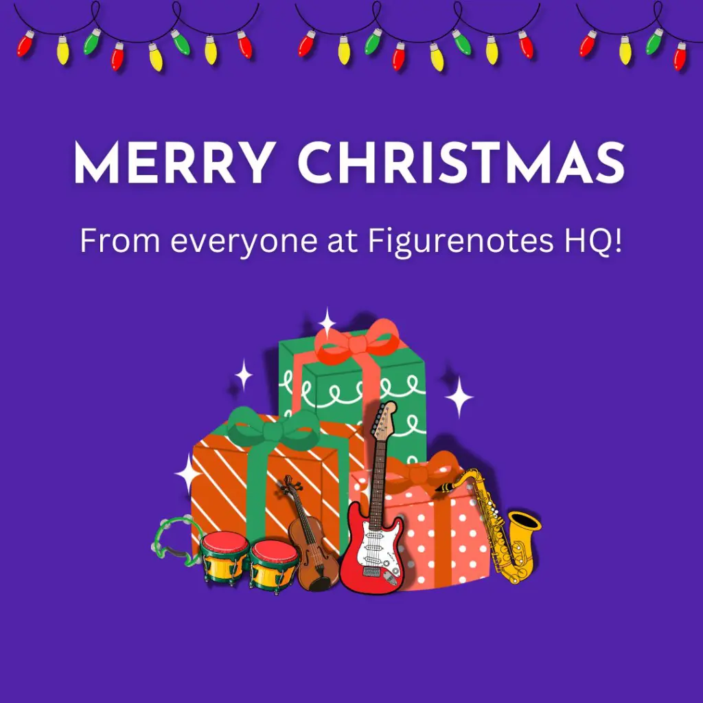 Festive infographic with animated presents, mixed with musical instruments on a purple background. White text above reads "merry Christmas from everyone at Figurenotes HQ"
